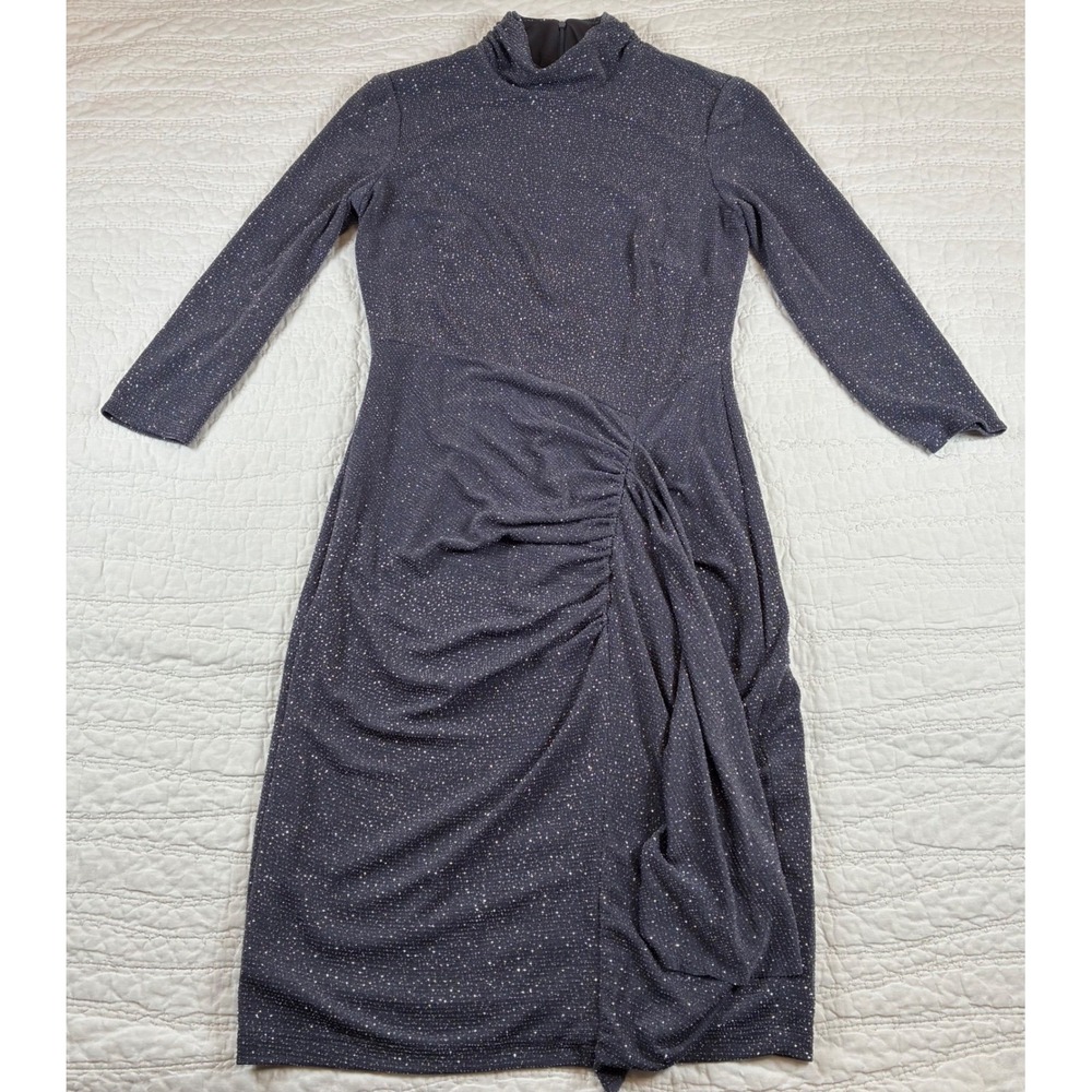 Vince Camuto Glittr Knit Bodycon Dress 6 Mock Neck Ruched Metallic Grey Cocktail